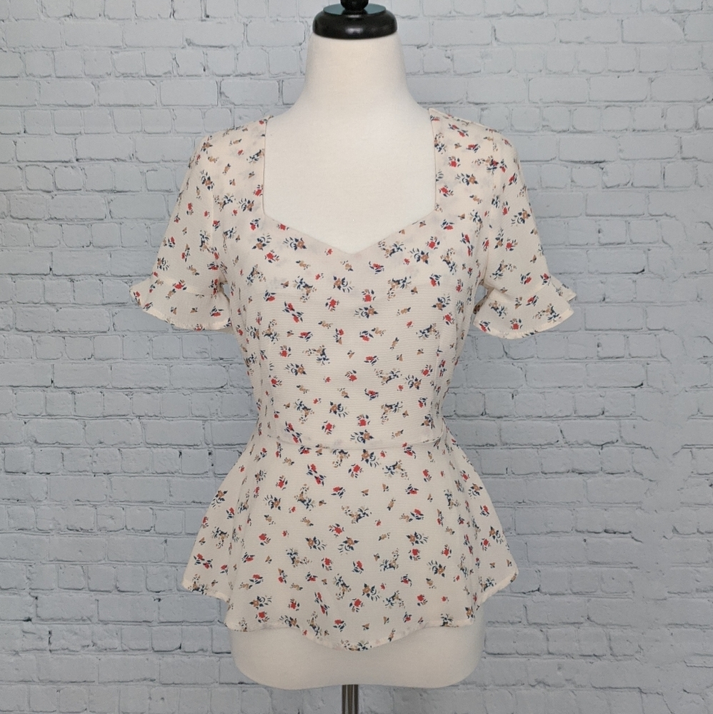 Monteau Cream Floral Sweetheart Peplum Top S